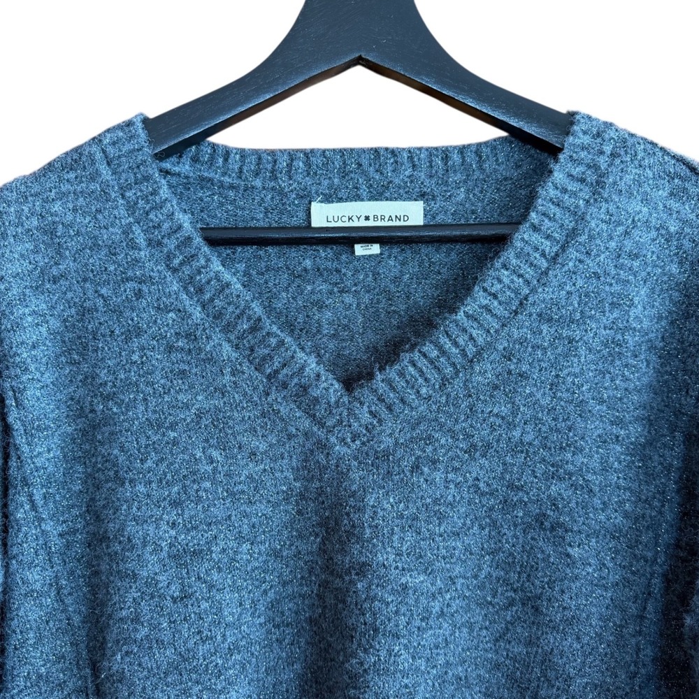 Lucky Brand V Neck Sweater Heathered Gray Metallic Knit Pullover Womens L‎ - Picture 2 of 10